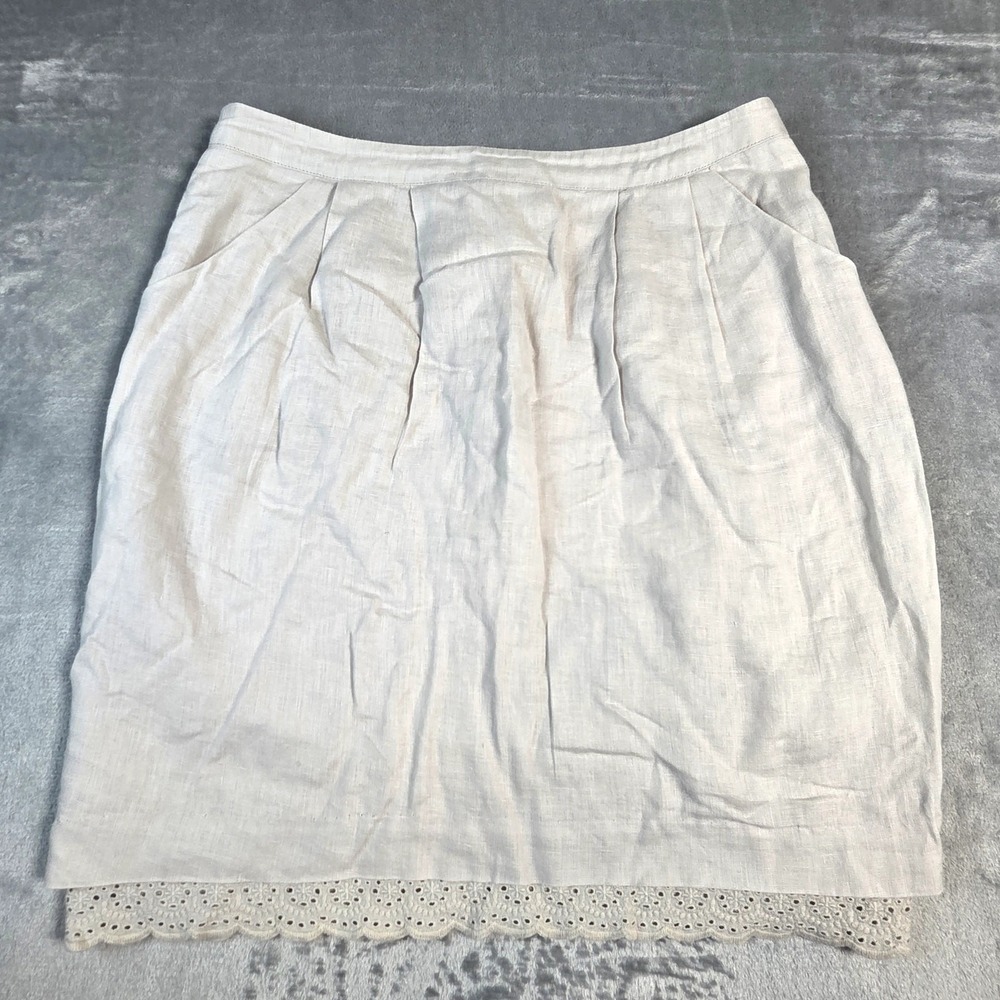 ODILLE ANTHROPOLOGIE SIZE8  BEIGE LINEN EYELET TRIM‎ COTTON UNDER SKIRT